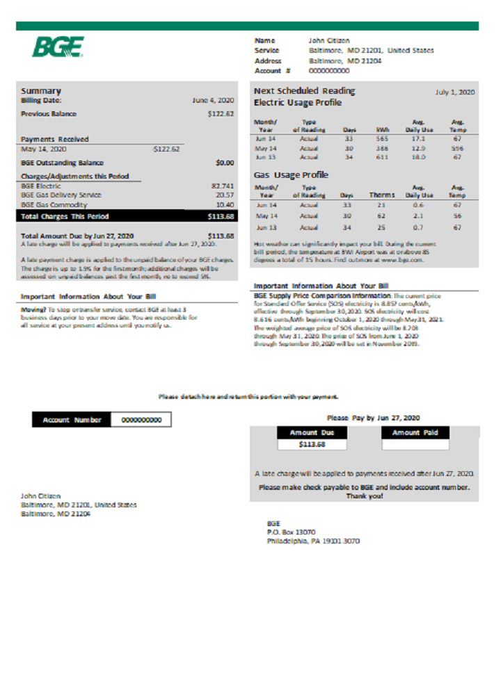 USA BGE gas and electric utility bill